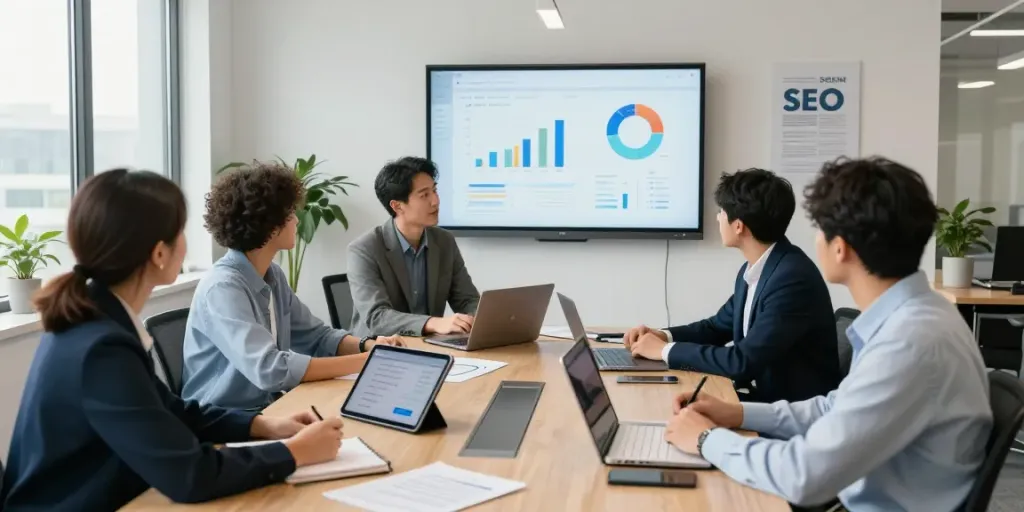 Team bespreekt strategieën met een SEO expert in een moderne kantooromgeving