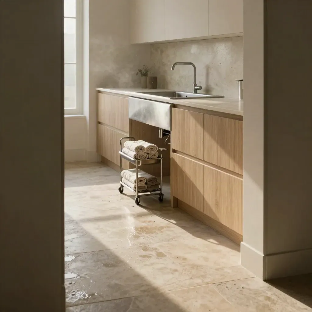 Open, schone keuken met stenen vloer, RVS gootsteen en schoonmaakcaddy in ochtendlicht.