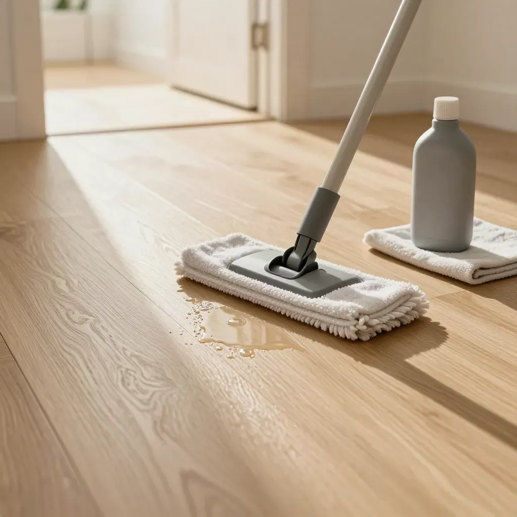 Glanzende pvc-vloer met dweil en onderhoudsfles in zacht licht.
