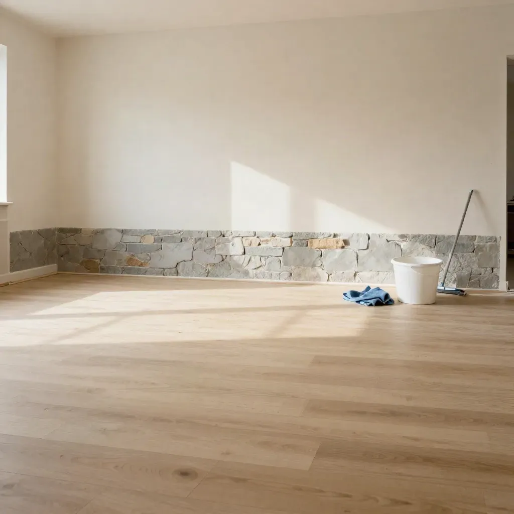 Lage blik op een pas gerenoveerde woonkamer met schone matte vloer en zachte schoonmaaknevel.