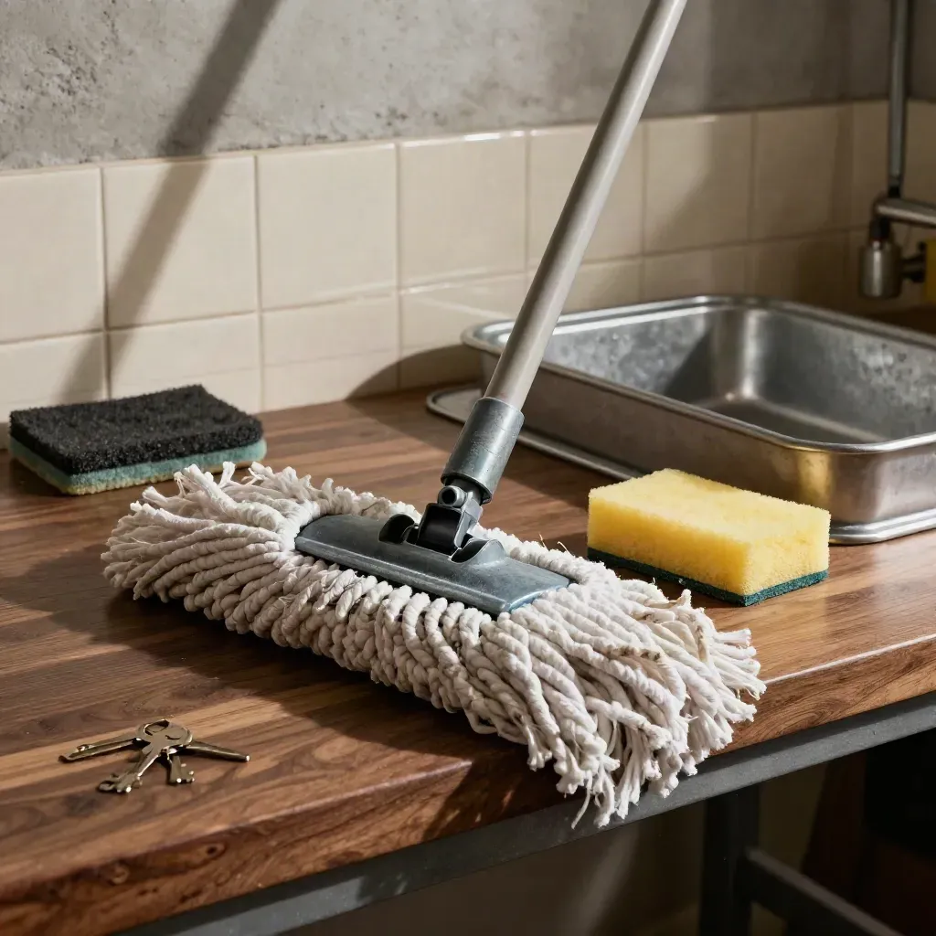 Mop, schuurpad en spons op een werkbank in dramatisch zijlicht.
