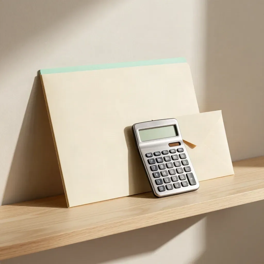 Stilleven met dossiermap, rekenmachine en envelop op houten plank in zacht licht.