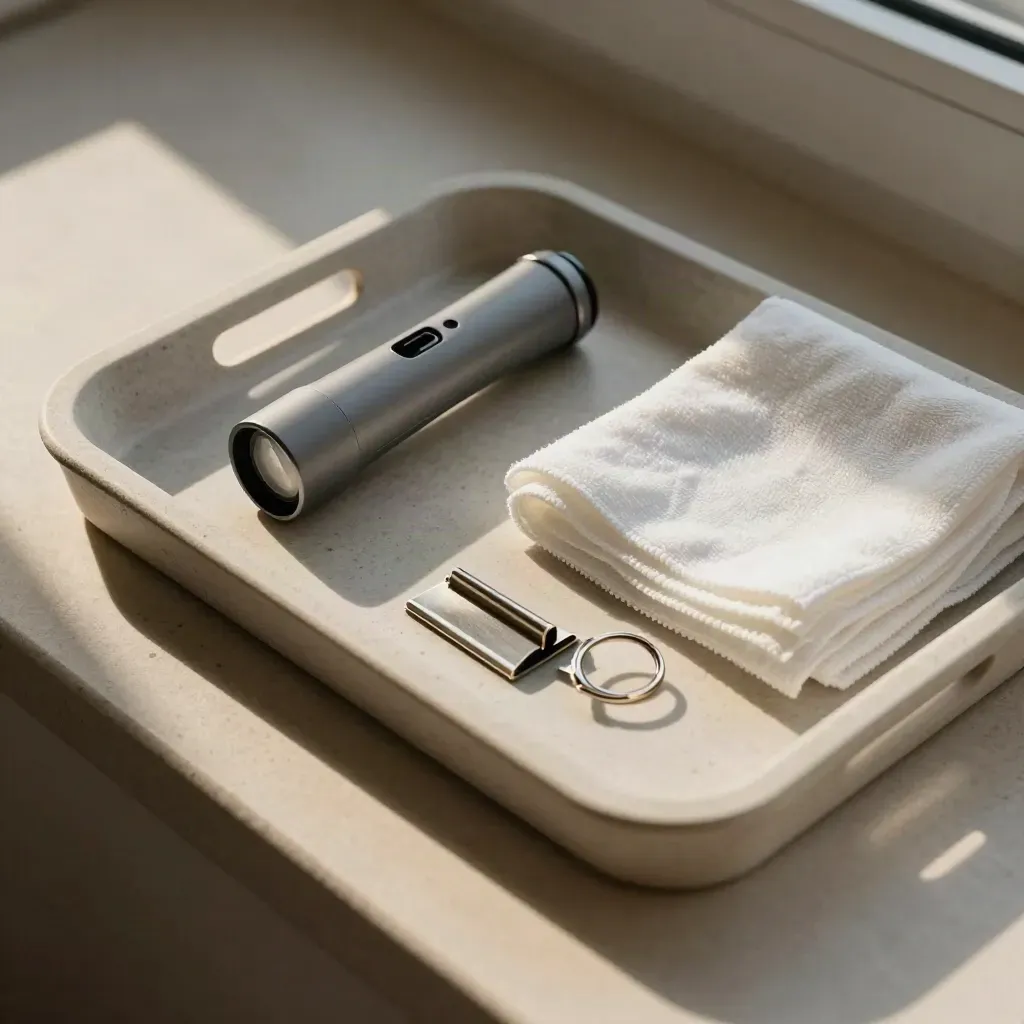 Bovenaanzicht van zaklamp, metalen clip, doek en sleutelhanger op een lichte vensterbank.