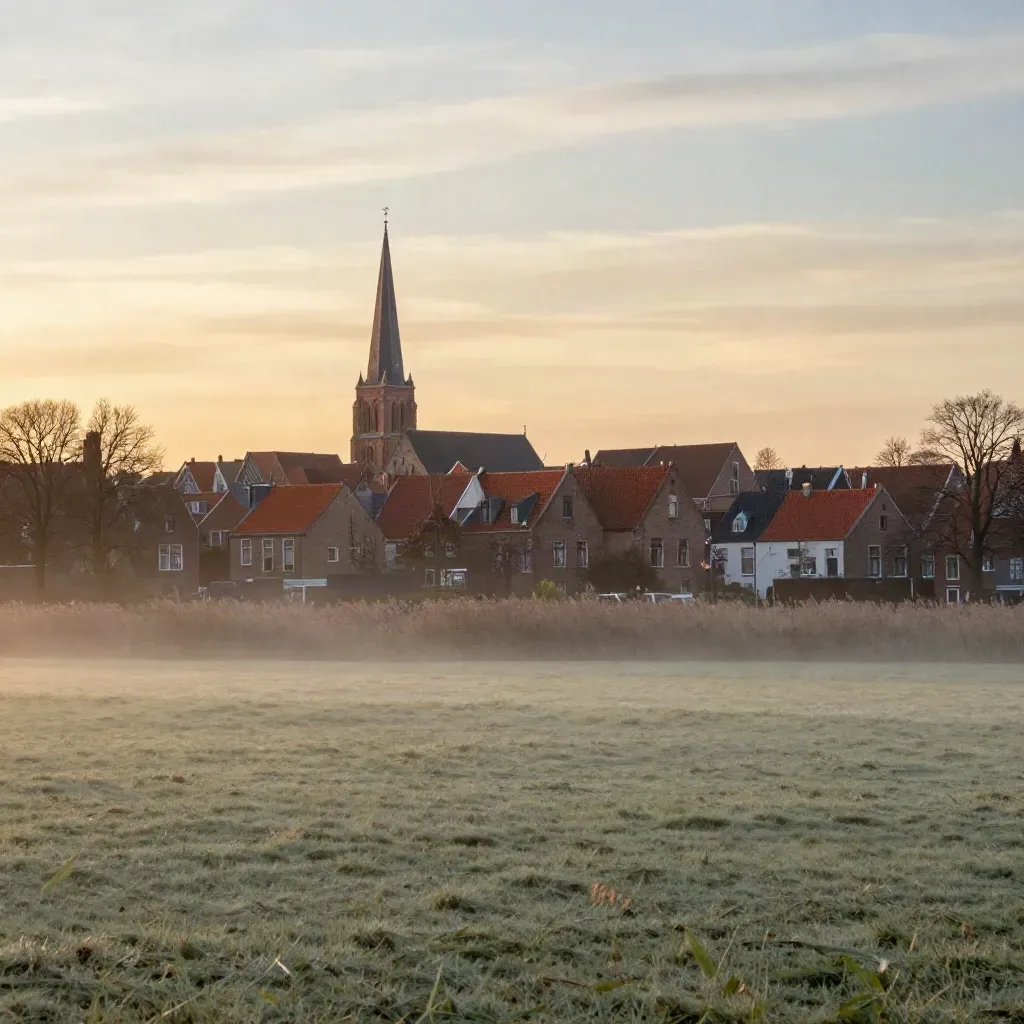Brabantse skyline in warme avondlucht boven rustige groene rand en open hemel.