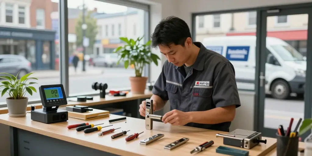 Deurslot vervangen Arnhem door professionele slotenmaker in moderne werkplaats met gereedschap.